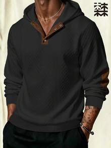 mulinsen Men's Argyle Hooded Sweatshirt, Vintage Henley Button Elbow Patch Casual Long Sleeve Pullover - Black - View 4