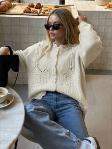 Women's Lace Trim Button Knit Cardigan, Comfortable Cable Knit Sweater, Suitable For Autumn/Winter, Thanksgiving, Halloween, Christmas - White - View 2
