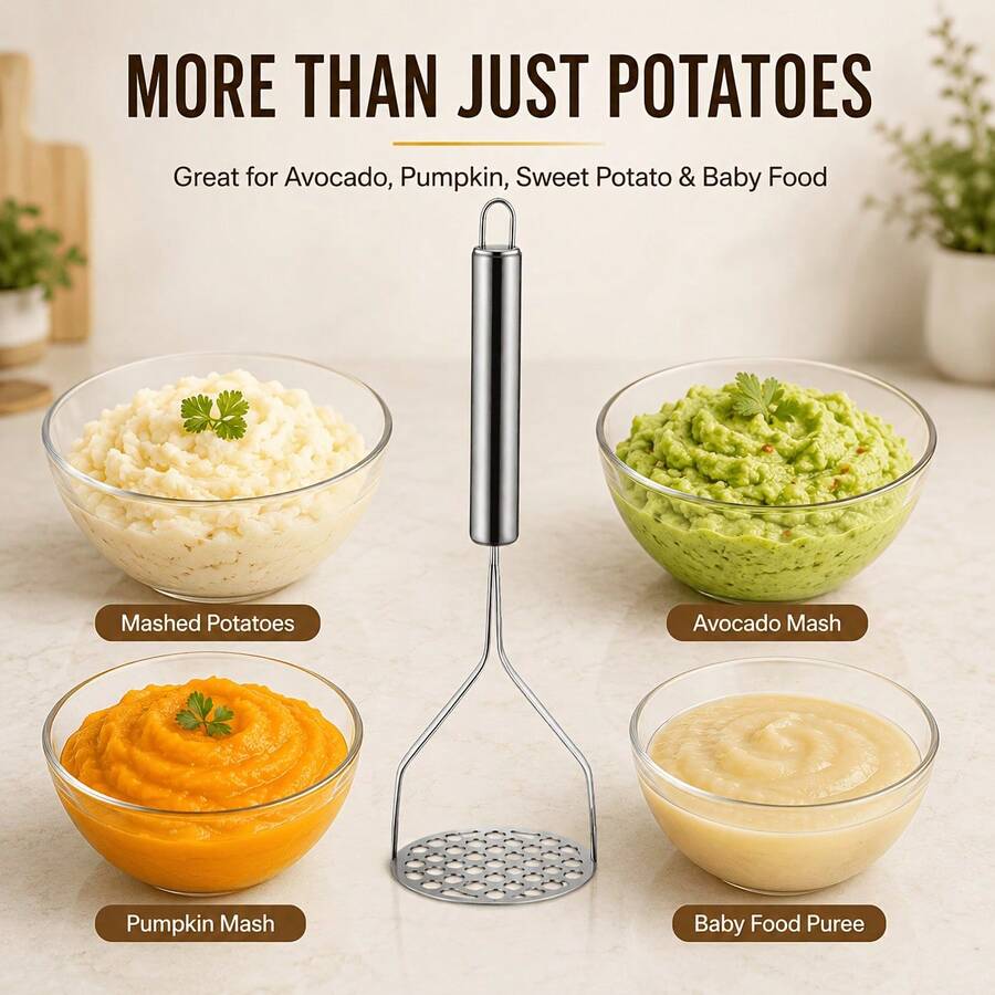 2Pcs 26cm/10.24in Heavy‑Duty Rust‑Resistant Stainless Steel Potato Masher Set, Minimalist Kitchen Gadget, Wave & Round Hole Shape Manual Food Crusher With Hanging Loop, For Baby Food Making Home Cooking Restaurant Prep Vegetable Fruit Mashing