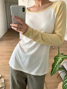 拼接撞色落肩袖透視修身長袖上衣休閒風 - 乳黃色 - 查看 2