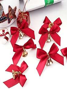 18pcs Red Mini Ribbon Bow Bells With Bell Caps Suitable For Holiday Gift Wrapping, Christmas Decorations, New Year Crafts - Satin Texture Bows, Craft Ribbon For DIY Present (No Feathers) - Multicolor - View 1