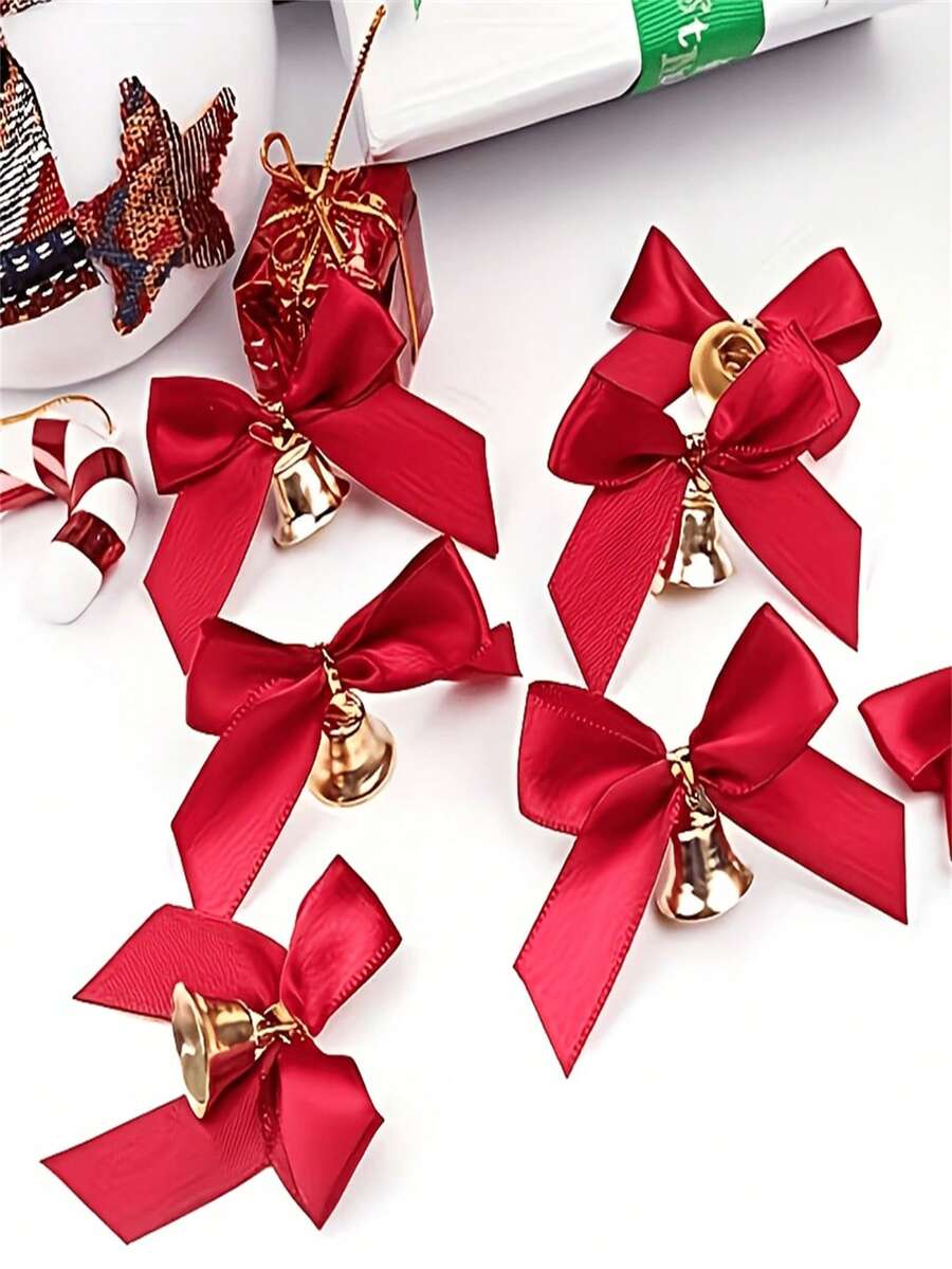 18pcs Red Mini Ribbon Bow Bells With Bell Caps Suitable For Holiday Gift Wrapping, Christmas Decorations, New Year Crafts - Satin Texture Bows, Craft Ribbon For DIY Present (No Feathers) - Multicolor - View 1