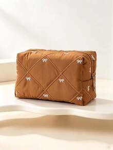 1pc/2pcsChic Style Quilted Cosmetic Pouch, Rectangular Box‑Shaped, Diamond Stitching With Bow Embroidery Detail, Zipper Closure, Cosmetic Storage, Travel Toiletry Bag, Suitable For Daily Makeup Organizing, Weekend Trip, Business Travel, All Season - Multicolor - View 7