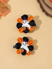 2pcs Halloween Ghost Pumpkin Hair Clips Grosgrain Ribbon Flower Decor Alligator Clips Cute Party Daily Hair Barrettes Kids Hair Accessories - Multicolor - View 4