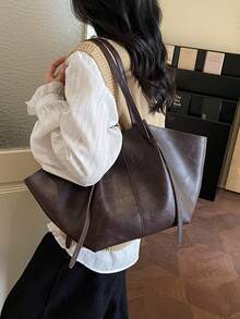 Solid Color Pleated Large Capacity Women's Shoulder Tote Bag, Vintage Fashion Versatile, Suitable For Women's Daily Use And Commuting - Coffee - View 2