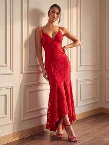 QUNGIGU Women's Summer Elegant V Neck Spaghetti Strap Long Dress Backless Floral Textured Mermaid For Wedding Guest Evening Gala - Red - View 1