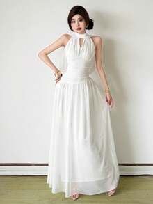 Top Dazzle Women's Elegant White Mesh Hollow-Out A-Line Maxi Dress, Sleeveless Hollow Design, Flared Hem - White - View 1