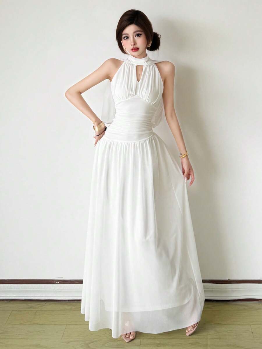 Top Dazzle Women's Elegant White Mesh Hollow-Out A-Line Maxi Dress, Sleeveless Hollow Design, Flared Hem - White - View 1