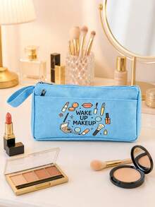 Cosmetic Bag With Cute Makeup Print Pattern. Easily Store Lipsticks, Eyeshadows, Makeup Brushes, Powder Compacts And Other Makeup Items. Convenient For Commuting And Short Trips. Double Zipper Compartments For Organized Storage, Items Are Easy To Find. Simple And Versatile, It Can Be Used As A Practical Makeup Bag, Pencil Case, Or Miscellaneous Storage Bag. A Great Storage Item For Students And Beauty-Loving Girls For Daily Outings. - Multicolor - View 1