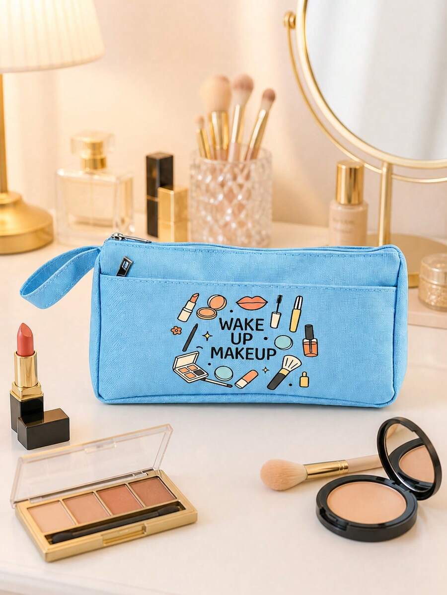 Cosmetic Bag With Cute Makeup Print Pattern. Easily Store Lipsticks, Eyeshadows, Makeup Brushes, Powder Compacts And Other Makeup Items. Convenient For Commuting And Short Trips. Double Zipper Compartments For Organized Storage, Items Are Easy To Find. Simple And Versatile, It Can Be Used As A Practical Makeup Bag, Pencil Case, Or Miscellaneous Storage Bag. A Great Storage Item For Students And Beauty-Loving Girls For Daily Outings. - Multicolor - View 1