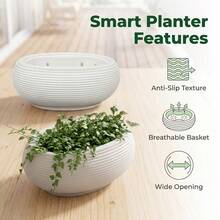 2 Sets Nordic Style Self-Watering Plastic Planters (2 Inner Pots And 2 Outer Pots), With Bird Nest Shaped Horizontal Stripes, Multi-Functional Succulent Planters, Gardening Gifts, Home Decor - B - View 3