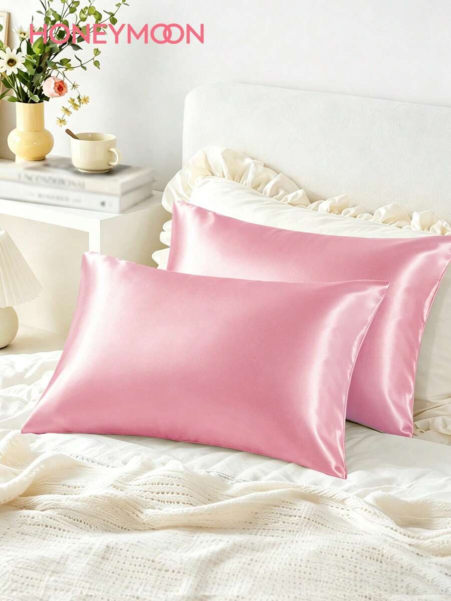 2pcs Premium Silky Satin Envelope Pillowcases, Soft & Breathable, Wrinkle-Resistant, Gentle On Hair & Skin, Improve Sleep Quality, No Pillow Insert, Pink - Pink - View 1