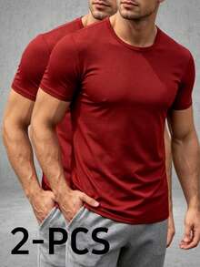 2pcs Men's Solid Color Crew Neck Short Sleeve T-Shirts, Casual Fashion Home Wear For Spring, Summer, Autumn, Suitable For Casual Wear, Daily Activities, Fitness - Multicolor - View 2