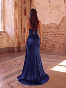 ADYCE Elegant Strapless Cinched Waist Backless Fitted Tie-Up Sequin High Slit Fishbone Train Evening Gown, Prom Homecoming Wedding Guest Formal Dinner New Autumn - Navy Blue - View 6