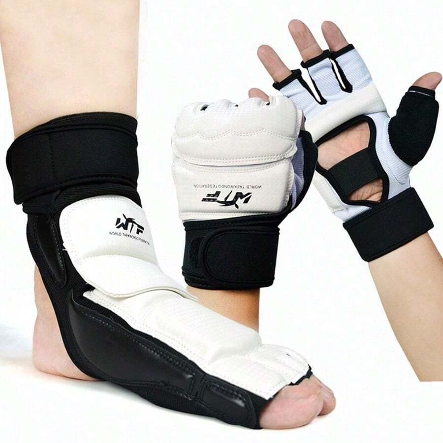 1 Set Taekwondo Gloves And Foot Guards, Training And Competition Combat Protective Equipment - Black and White - View 1