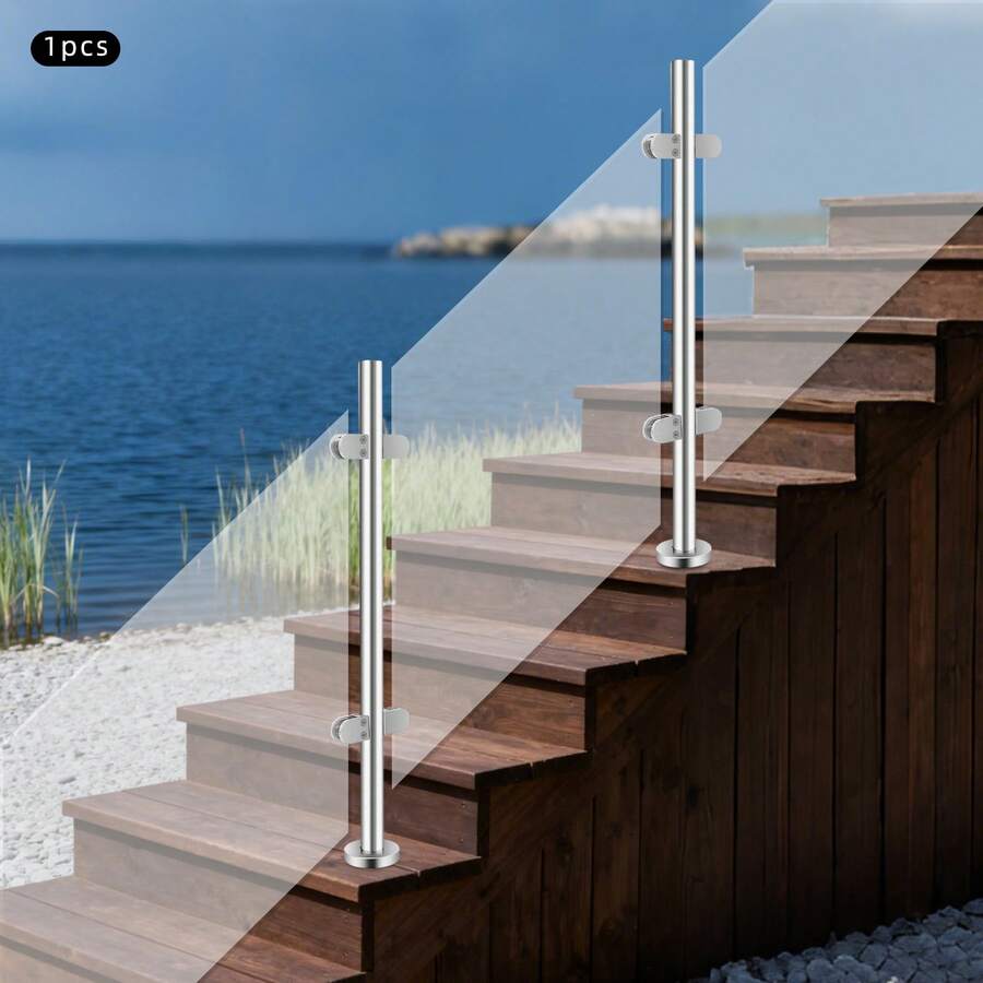 YUNRUX 304 Stainless Steel Cylindrical Middle Post, Brushed No‑Drill Clamp Railing Post 176.37Lbs Max Load‑Bearing For Stair Balcony Terrace - AS SHOWN - View 1