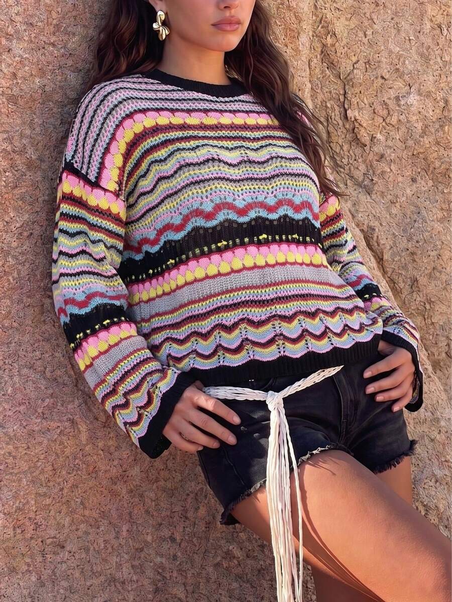 Suéter de mujer casual a rayas, corte holgado, cuello redondo, manga larga, punto ligero, estilo boho, para vacaciones, primavera y otoño 2026, con ribete en contraste - Multicolor - Ver 1