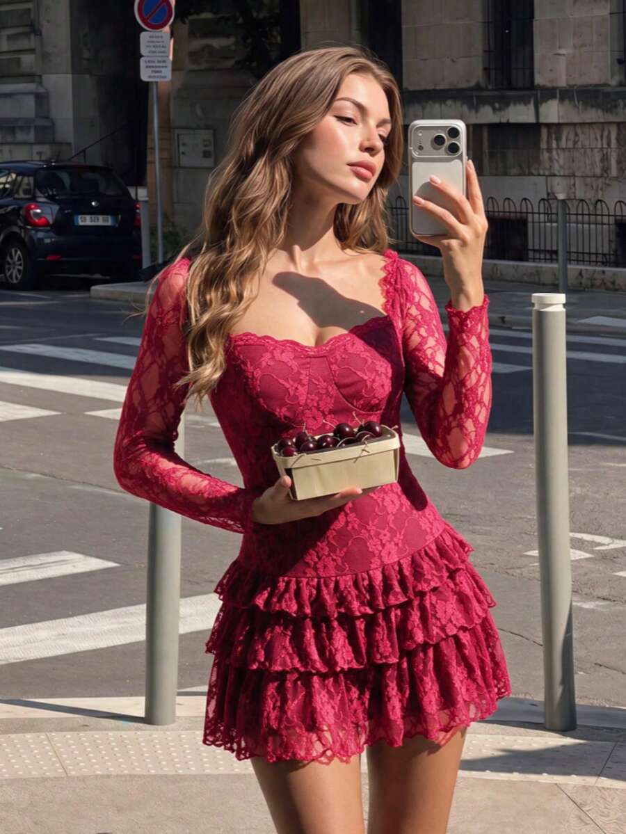 Dila Polly Women's Lace Patchwork Pleated Sexy Date Long Sleeve Dress, Ruched Hem Red Mini Dress, Return To School Fall/Winter Homecoming - Burgundy - View 1