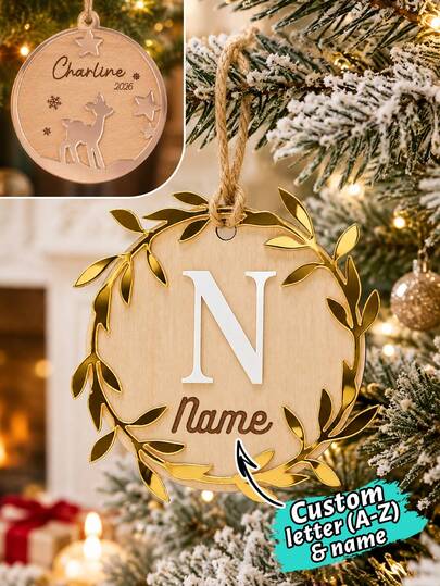 LICVIC Custom Initial Christmas Ornament With Name, Personalized Monogram Tree Decor, Elegant Botanical Wreath Holiday Style, Customized Christmas Hanging Ornament, Customizable Letter And Name Keepsake, Christmas Home Decoration, Holiday Gift, Room Decor