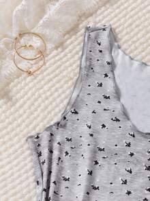 2-Piece Pajama Set Plus Comfortable Small Ditsy Floral Knit Sleeveless Tank Top And Shorts, Plus Size Women Spring/Summer - Grey - View 3