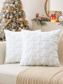 1件裝聖誕枕套，聖誕樹毛絨仿皮草柔軟裝飾抱枕套，適用於沙發、客廳，冬季聖誕節居家裝飾 - 白色 - 查看 4