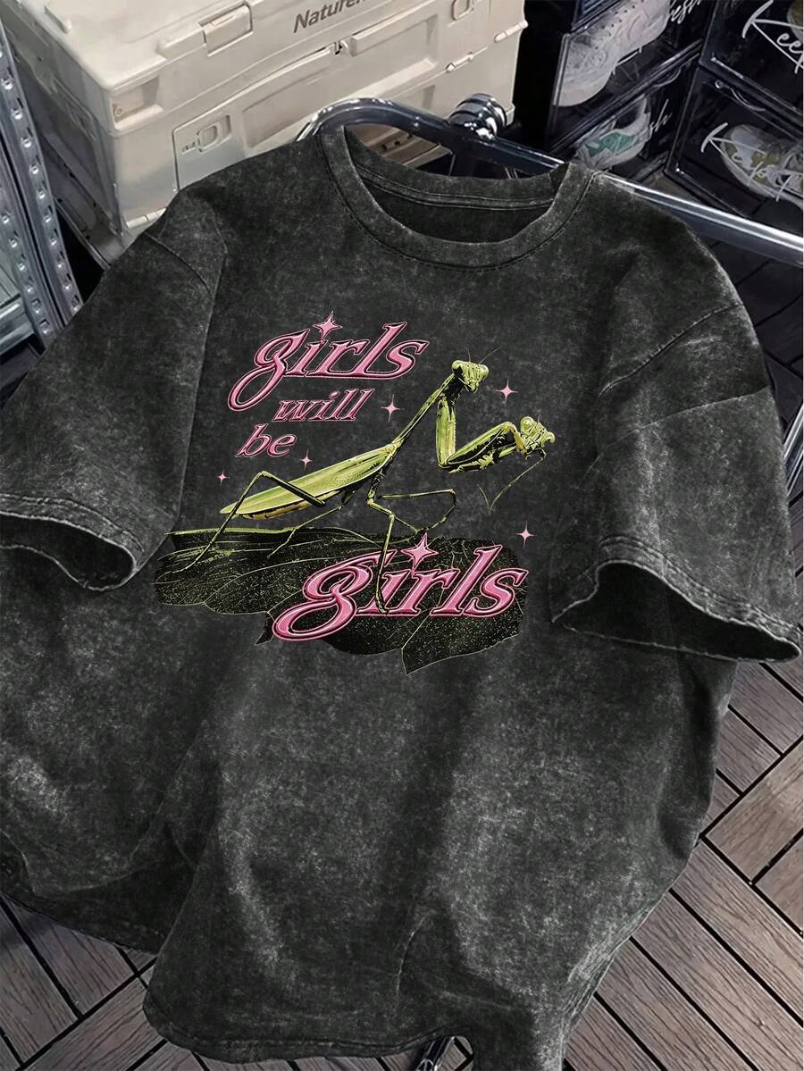 Washed Vintage 90s Distressed Women's Plus Size Mantis Print T-Shirt - Black - View 1