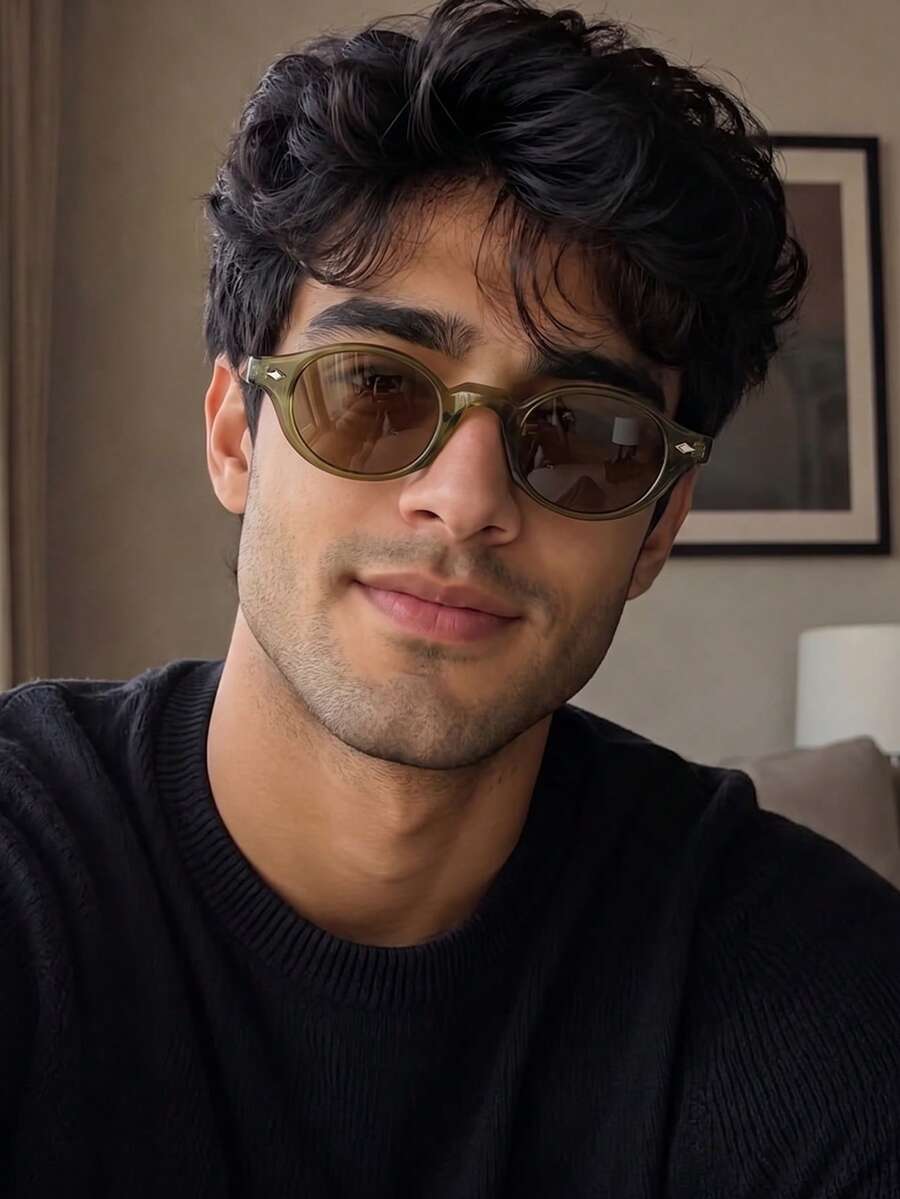 1 Pair Men's Olive Green Oval Small Frame Vintage Street Style Vacation Fashion Glasses - Olive Green - View 1
