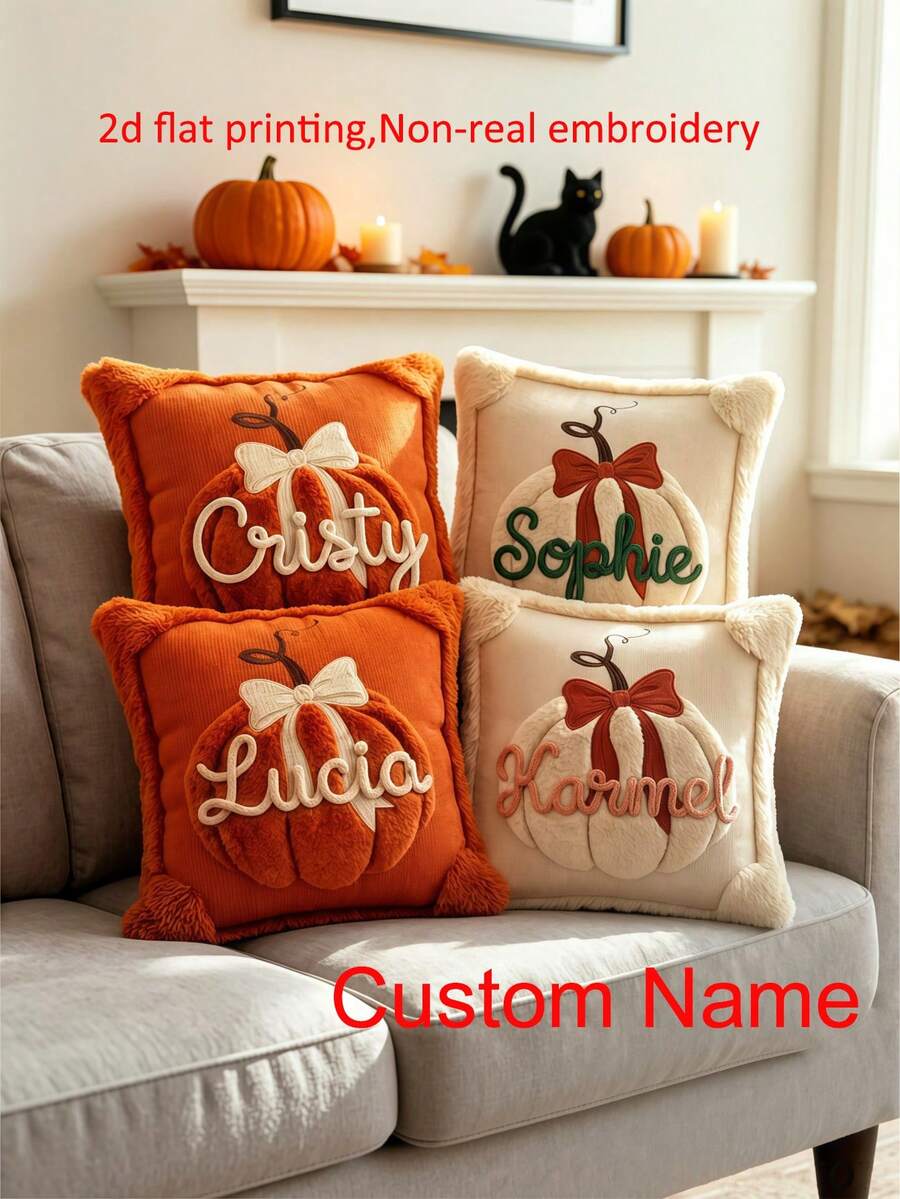 1pc Pumpkin Throw Pillowcase With Custom Name,2D Flat Print Fall Halloween Sofa Decor Accent,Non-Real Embroidery Print,No Pillow Core - Orange - View 1