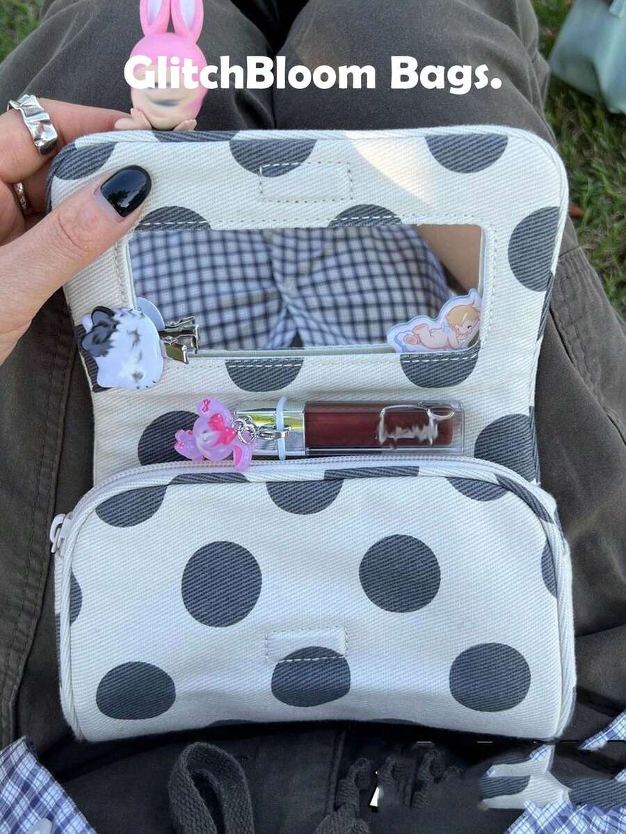 Polka Dot Makeup Bag With Built-In Mirror, Portable Zipper Cosmetic Storage Bag, Women's Travel Toiletry Bag, Cute Storage Box (Pendant Not Included)