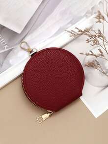 Personalized Leather Earphone Case, Gold Foil Stamping, Custom Name Coin Purse, Round Earphone Storage Case, Mini Keychain Wallet - Pink - View 5