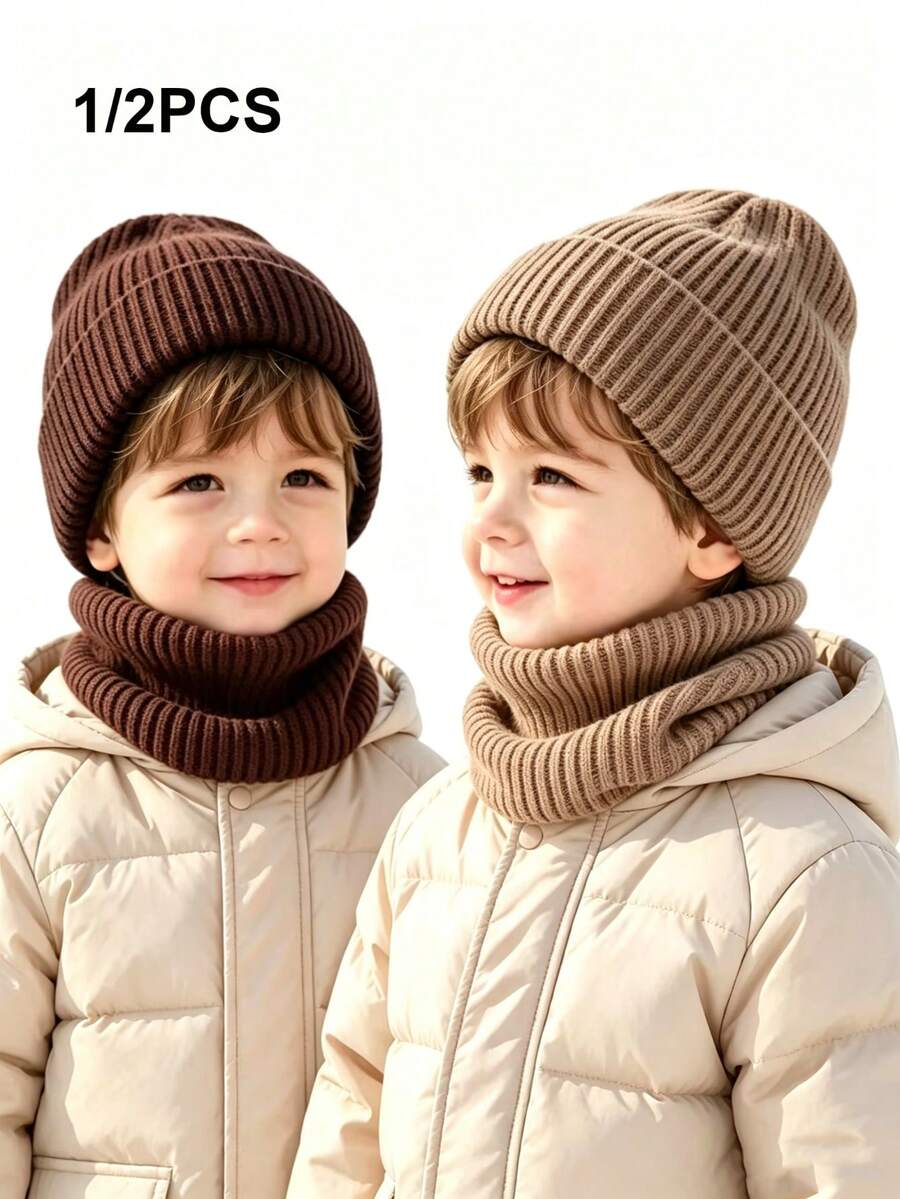 1/2PCS Kids Unisex Autumn/Winter Warm Knitted Vertical Striped Solid Color Pattern Versatile Hat & Scarf 2 Pieces Set Knitted Beanie - Vertical Stripes - View 1