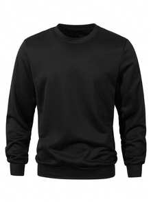 Sweatshirt Pria Klasik, Dasar, Minimalis, Warna Polos, Kerah Bulat - Hitam - View 4