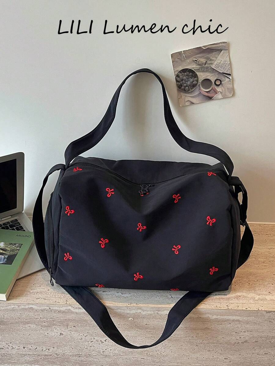 蝴蝶結刺繡裝飾寬肩帶拉鍊開合設計休閒風大容量旅行包，適合日常通勤、購物、出遊、旅行，活力優雅時尚穿搭橫式行李包