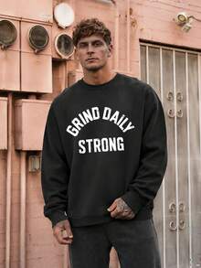 Men's Inspirational Letter Print Crew Neck Loose Fit Long Sleeve Pullover Sports Sweatshirt Black - Black - View 9
