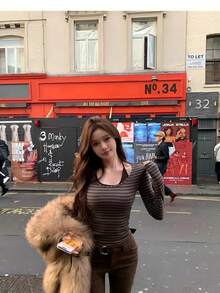 New Hot Girl Color Block Striped Long Sleeve T-Shirt Women Autumn Korean Style Slim Fit Top Spaghetti Strap Padded Camisole 2 Pieces Set - Rust Brown - View 8