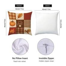 Autumn Pumpkin & Maple Leaf Pattern Cushion Cover 4pcs Set, Single-Sided Printed Peach Skin Velvet Polyester Material, 45*45CM/18*18inch Pillowcase Suitable For Room Decor, Modern Minimalist Sofa Living Room Decoration, Gift Giving, Party Decor - Multicolor - View 3