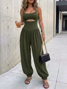 Women Spaghetti Strap Midriff Cutout Jumpsuit High Waist Gathered Harem Pant Romper Elastic Ankle Cuff Relaxed Fit Casual Daily Street Party Outfit - Army Green - View 6