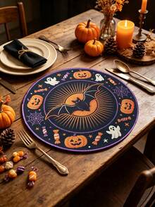 6pcs Halloween & Thanksgiving Round Placemats, Autumn Pumpkin Maple Leaf Turkey Squirrel Print Table Mats, Holiday Atmosphere Decorative Table Pads - Multicolor - View 12