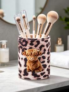 Leopard Print Highland Cattle Makeup Brush Holder, Makeup Storage Box, Makeup Tool Storage, Multifunctional Makeup Holder, Leopard Print Cute Storage Box, Desktop, Dressing Table, Lobby, Living Room Decoration, Gifts For Friends - Multicolor - View 3
