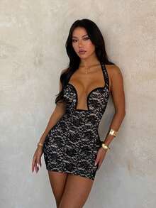 Sexy Women's Halter Neck Lace Bodycon Mini Dress Low Cut Front Cutout Short Dress - Black - View 3
