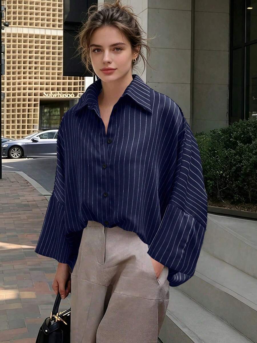 Spring/Autumn Loose Striped Batwing Sleeve Casual Elegant Women's Blouse, Suitable For Daily, Outing, Vacation Wear