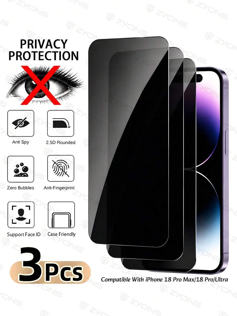 ZYONS 3pcs Anti-Peeping Privacy Tempered Glass Screen Protector For Smartphone, Non-Full Screen, Shatter-Resistant, Compatible With IPhone 18 Pro Max/18 Pro/Ultra/Fold/17Pro Max/17 17Pro/17 Air/16 Pro Max/16/16 Pro/16 Plus/15 Pro Max/15/15 Pro/15 Plus/14 Pro Max/14/14 Pro/14 Plus /13 Pro Max/13/13 Pro/12/12 Pro/12 Pro Max/11/11 Pro Max All Series, Small Size, Not Full Screen - Black - View 1