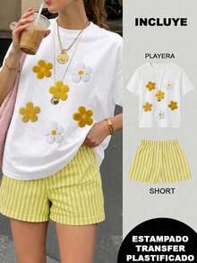 2 Playera Blanca con Short Rayas Verde con Amarillo