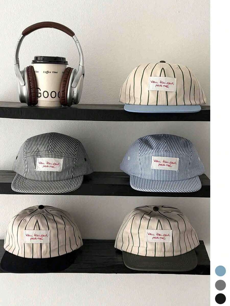 1pc Fresh Letter Patch Striped Flat Brim Peaked Cap, Spring Summer Streetwear Retro Hip Hop Baseball Hat, Big Head Friendly