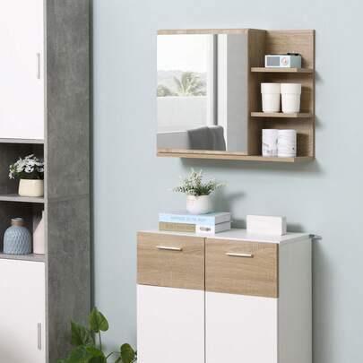 aosom kleankin Mobilier Oglinda Baie de Perete cu Usa si 3 Etajere Laterale din Lemn, 60x18x50cm