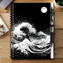 1 Set Japanese Ukiyo-E Style 2D Spiral Coil Notebook And Pen Set, Black And White Wave And Moon Artistic Collision. Great Helper For Work And Study, Suitable For Diary, Daily Planning And Memo. Premium Gift Choice For Graduation, Birthday And Other Occasions, Inspiring Writing And Beautiful Daily Life, Accompanying You To Start Every Moment Of Recording. - 1 Book + 1 Pen - View 11