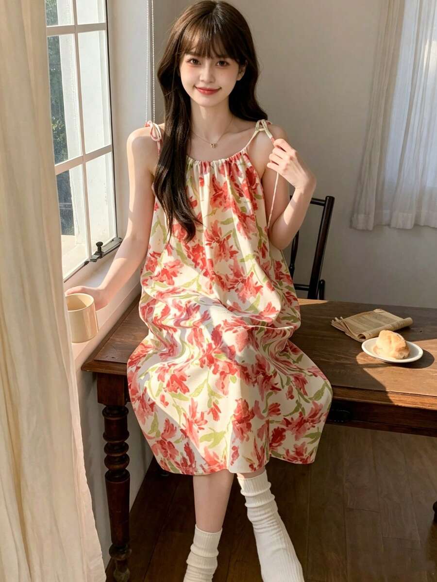 Women's Floral Print Sleeveless Nightgown, Contrast Color Cute Cartoon Casual Nightdress, Suitable For Spring And Summer - Pink - View 1