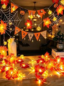 Halloween Thanksgiving Maple Leaf Pumpkin LED Light String Warm Light Battery-Powered Dual Lighting Mode Home Party Indoor Table Room Autumn Seasonal Festival Atmosphere Decorative Lamp - Maple Leaf Pumpkin Lantern - View 6