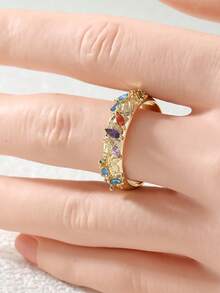 Gmzalx Vintage Glamorous Leaf-Shaped Colorful Jewelry Ring, Gold-Tone Band With Exquisite Engraved Leaf Pattern, Artistic Heavy-Duty Jewelry - Multicolor - View 7