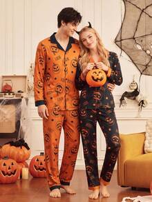Notgurli 4-Piece Couples' Set: Women's & Men's Halloween Pajamas Button-Front Loungewear Fun Comfortable Pumpkin-Print Loungewear For Autumn/Winter - Multicolor - View 2